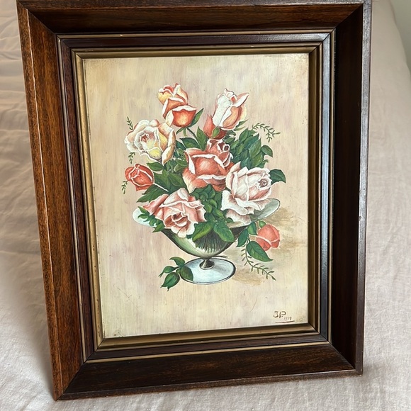 Vintage Oil Painting c1947 Bouquet of Roses in Wooden Frame Signed - Picture 1 of 14